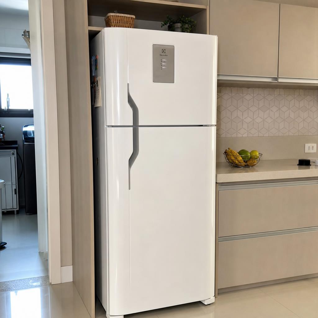 Geladeira duplex branca em cozinha residencial