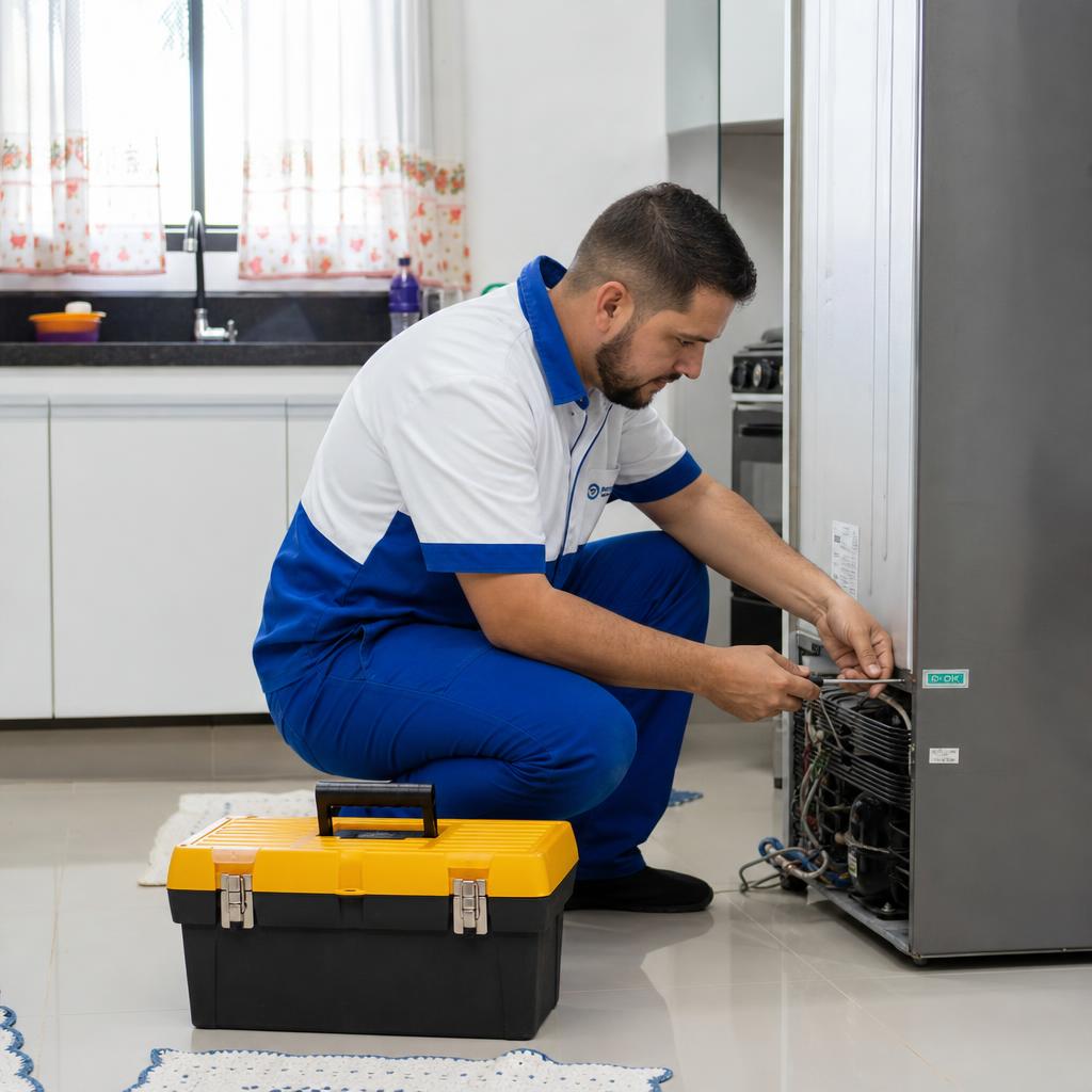 Técnico realizando conserto de geladeira em domicílio