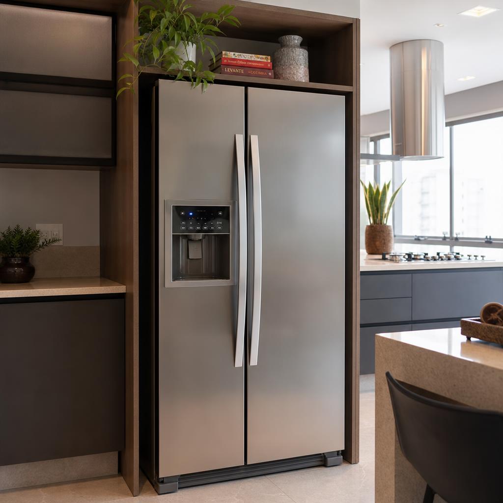 Geladeira side by side inox em cozinha contemporânea